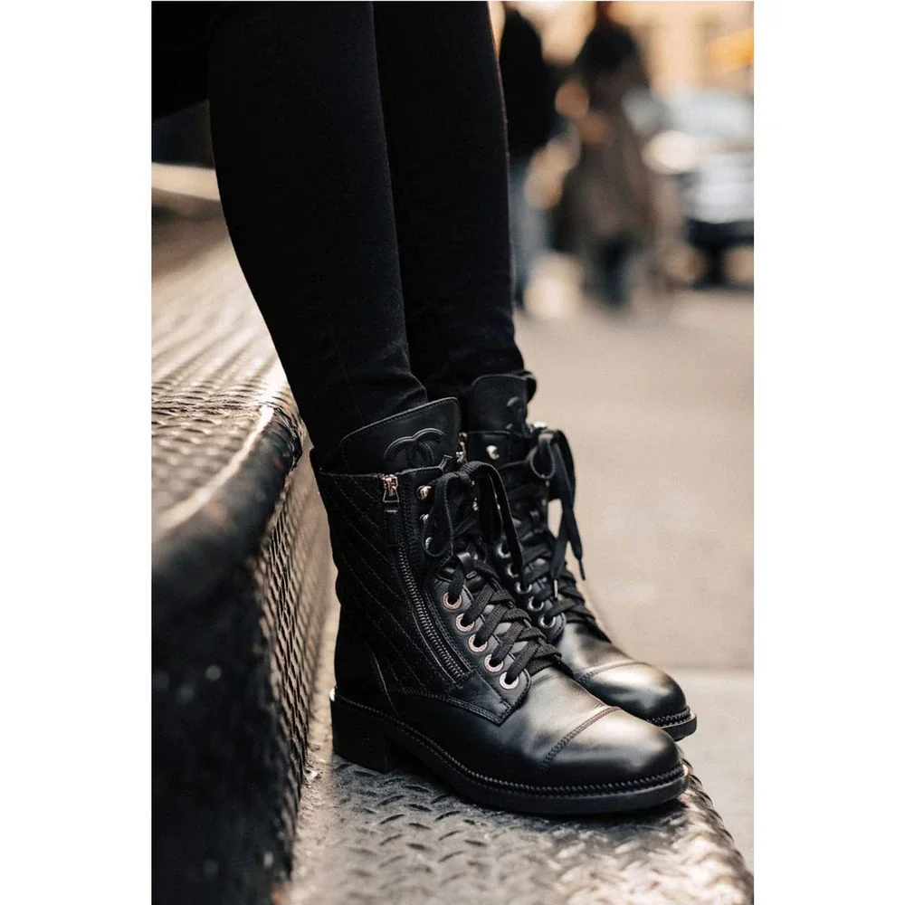 Chanel Ankle Quilted Suede Combat Boots Moto Lace Up CC Logo Black 37 US 6.5
